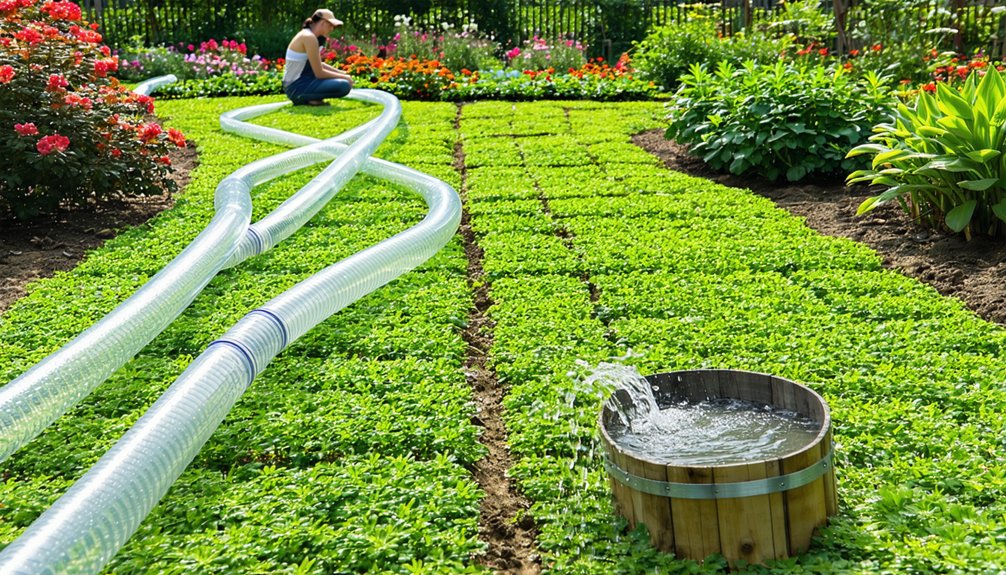 A person wearing a hat kneels in a lush garden near flowers, tending to clear hoses that carry water to a wooden bucket overflowing onto green ground cover plants.
