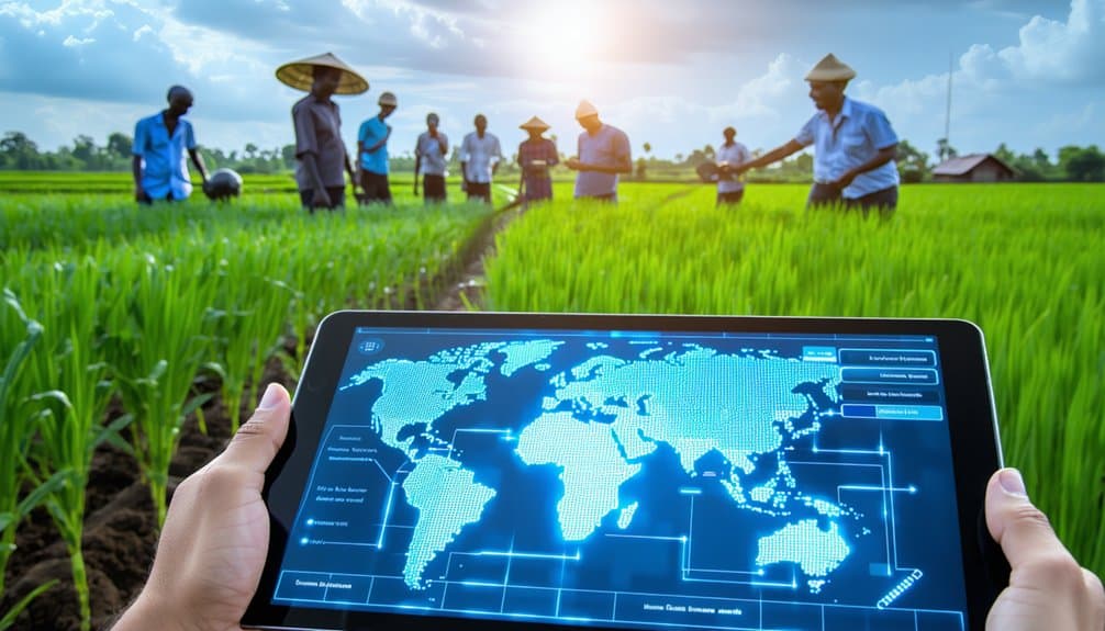 A person holds a tablet displaying a digital world map in a green rice field, while a group of farmers work together in the background under a bright, partly cloudy sky.