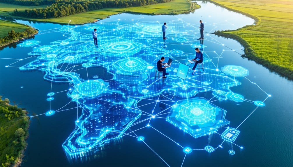 People working with laptops and tablets stand on a digitally rendered network over a body of water, with glowing blue lines, nodes, and data symbols connecting across the surface, blending technology and nature.