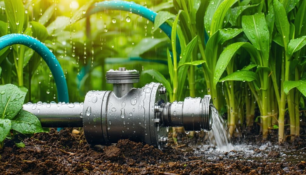 A close-up of a metal irrigation pipe watering green plants in a garden, with soil and water droplets visible. A blue hose is connected, and sunlight shines in the background, creating a vibrant, fresh scene.