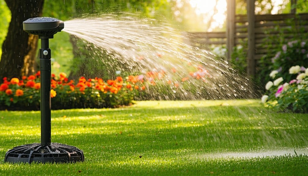 An automatic lawn sprinkler waters a lush green lawn, with colorful flowers blooming in the background and sunlight filtering through trees on a bright day.