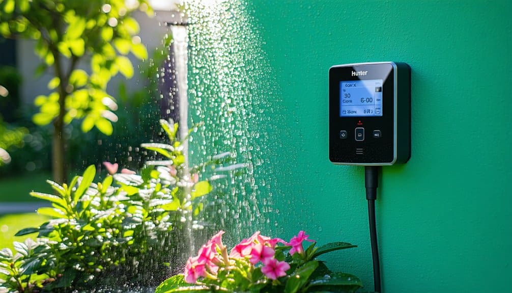 A digital irrigation controller mounted on a green wall operates an automatic lawn sprinkler, watering blooming pink flowers and green plants in bright sunlight.