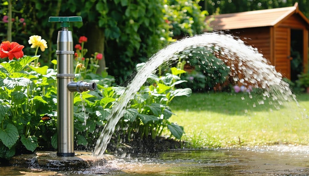 A garden water tap sprays a high, arched stream of water over a lush flower bed with green leaves and colorful blooms. In the background, there is a wooden shed and more greenery.