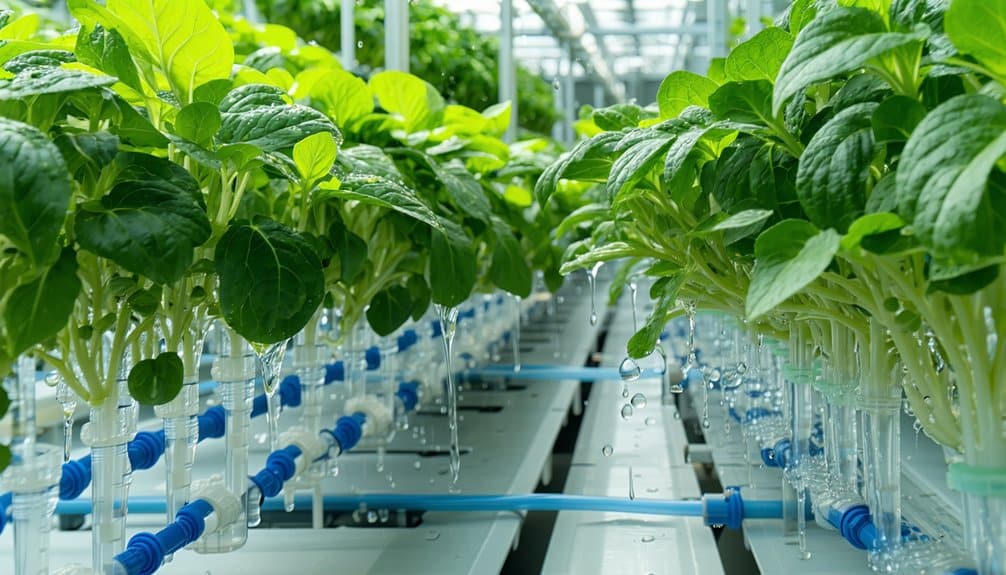 Rows of leafy green plants growing in a hydroponic system indoors, with water droplets on the roots and blue irrigation tubes delivering nutrients. Bright, natural light fills the modern facility.