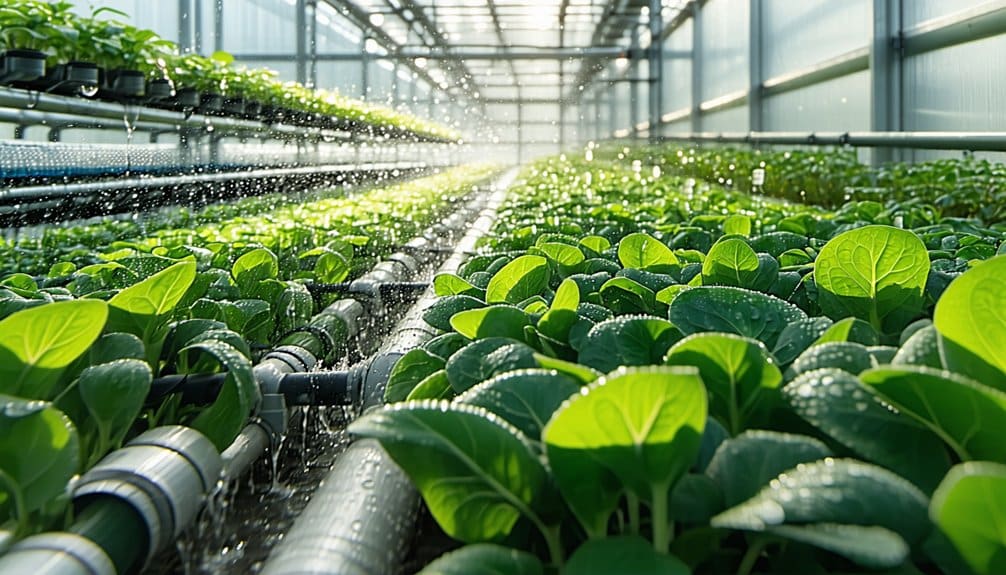 Rows of leafy green plants growing in a modern greenhouse with sunlight streaming in. Irrigation pipes and water misting system keep the plants hydrated. The environment looks clean and organized.