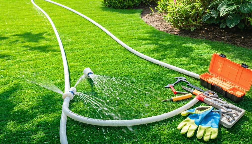 Two leaking white garden hoses spraying water on a green lawn next to an orange toolbox, assorted repair tools, and a pair of gardening gloves, with plants and shrubs in the background.