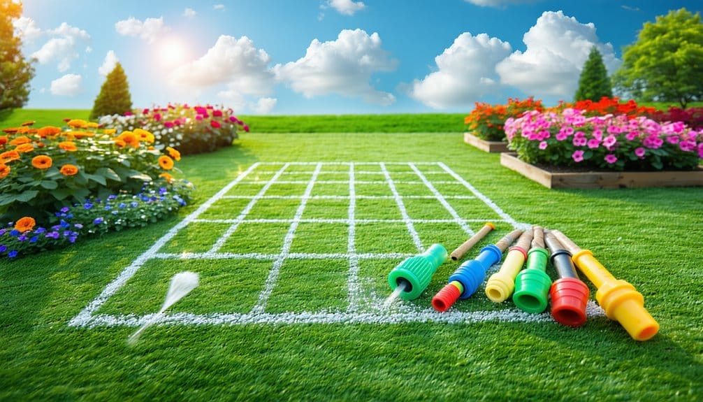 A grassy yard with a grid drawn in white lines, surrounded by colorful flower beds. Six plastic garden sprinklers in various colors are laid out on the grass. The sky is blue with fluffy clouds and sunlight.