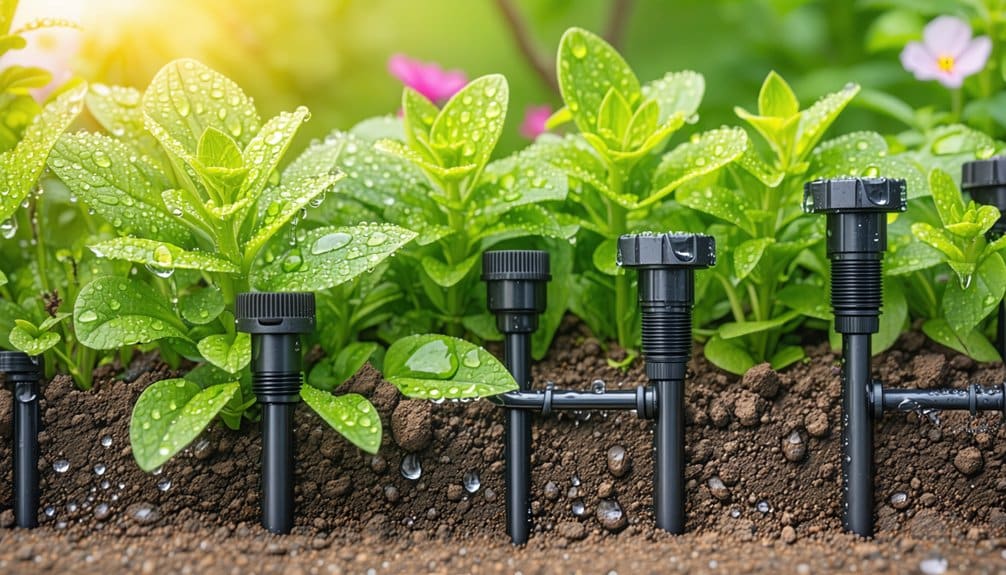 A close-up of a garden bed with green plants and flowers, showing a drip irrigation system with black emitters watering the soil. Water droplets are visible on the leaves and soil, with sunlight shining in the background.