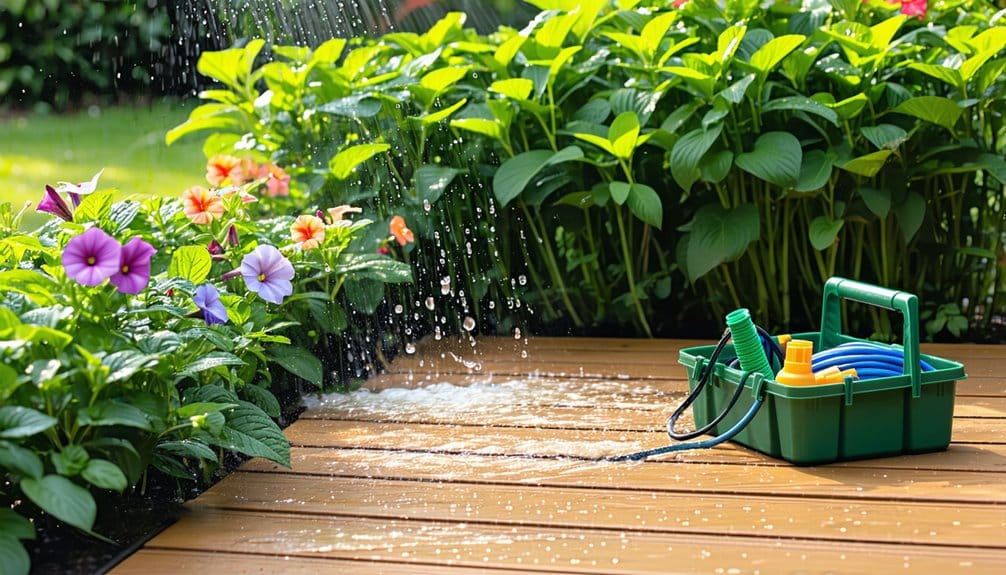 Water sprays over colorful flowers next to a wooden deck, where a green tote holds a garden hose and spray bottles. Lush green foliage and blooming plants surround the tidy garden area.