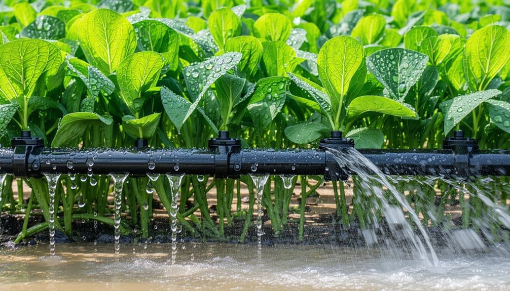 Close-up of leafy green vegetables in a field being watered by a black irrigation pipe, with droplets of water on the leaves and water flowing onto the soil below.
