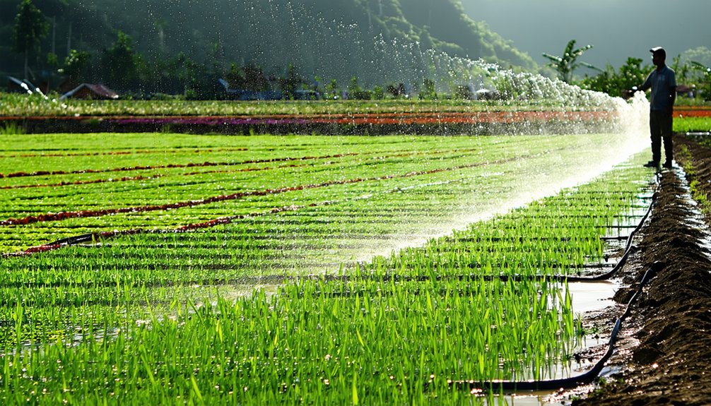 A person stands near the edge of a lush, green field, watering rows of crops with a hose or sprinkler system under bright sunlight, with hills and trees in the background.