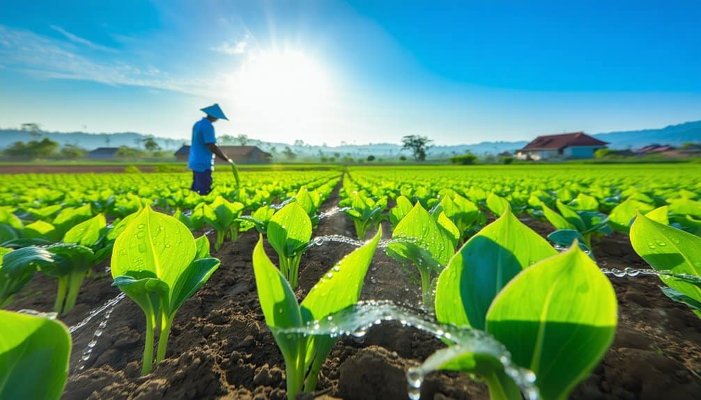 A person wearing a conical hat waters rows of green crops in a field on a sunny day, with water droplets on the leaves and houses visible in the background under a bright blue sky.