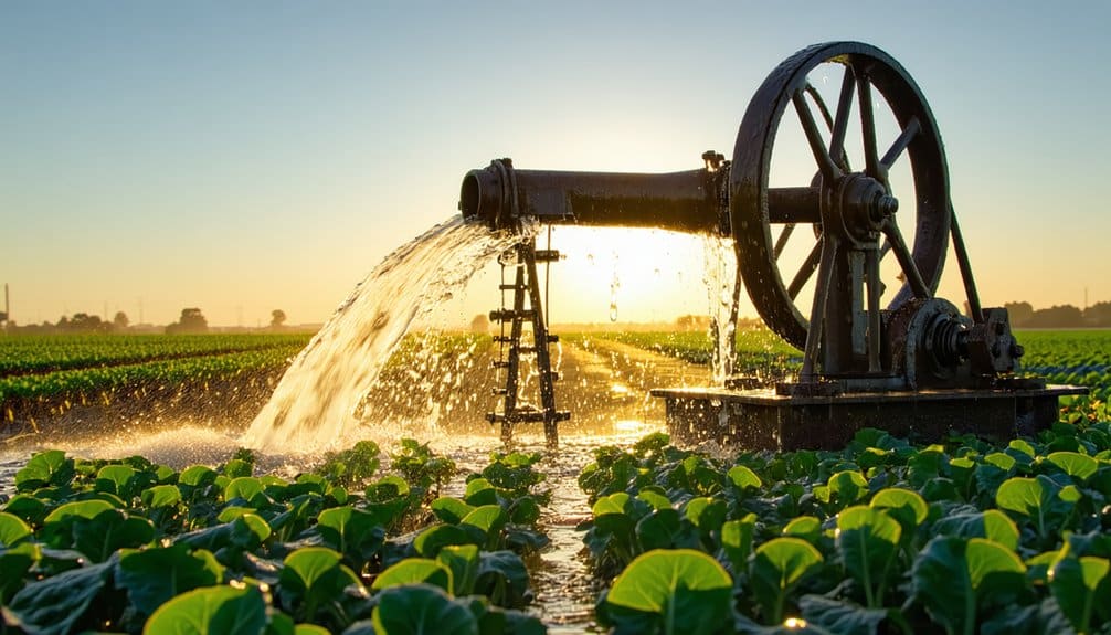 A large irrigation pump pours water onto green crops in a field at sunset, with rows of leafy plants stretching into the distance under a clear sky.