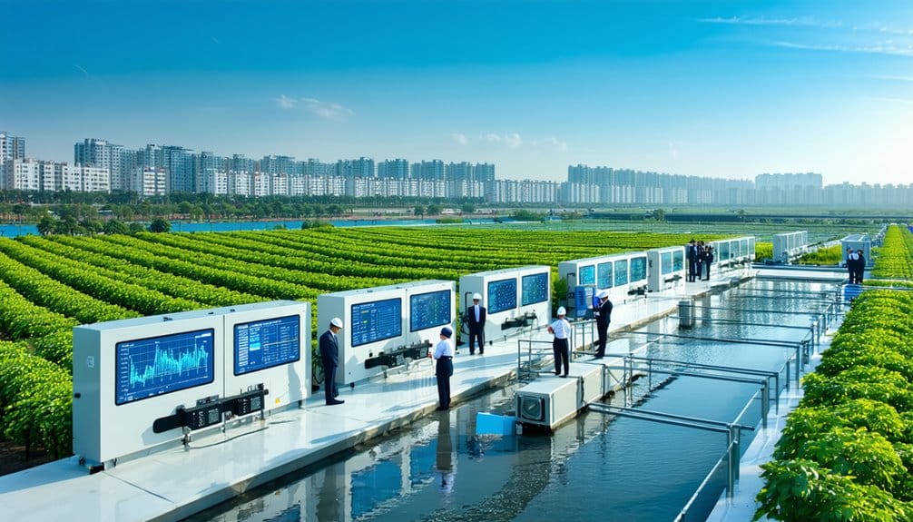 Rows of crops in a modern farm with large digital screens and people analyzing data, set against a cityscape background under a bright blue sky.