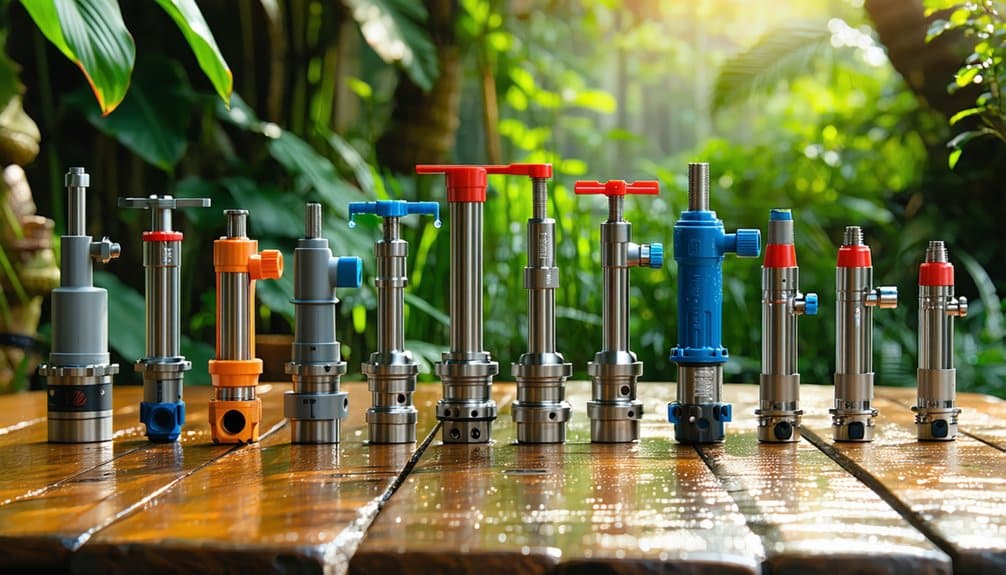 A row of various industrial metal valves and fittings with colorful handles is displayed on a wooden surface outdoors, with a lush green garden and sunlight in the background.