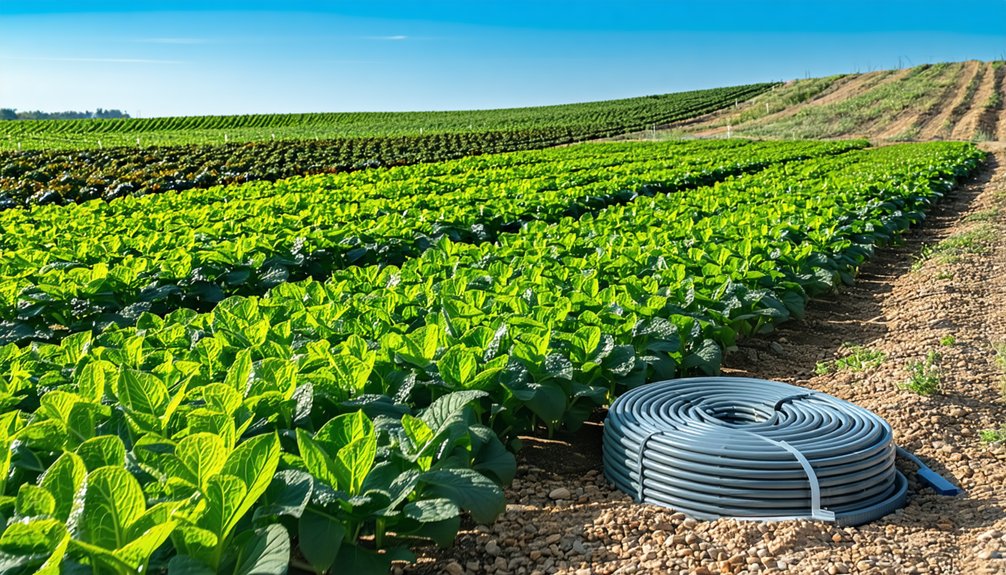 Rows of green crops growing in a field under a clear blue sky, with a coiled irrigation hose resting on the ground in the foreground.