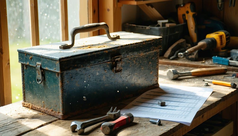 A metal toolbox sits on a wooden workbench by a window, surrounded by scattered tools, bolts, a wrench, and a printed sheet. Sunlight streams in, illuminating dust particles in the air.