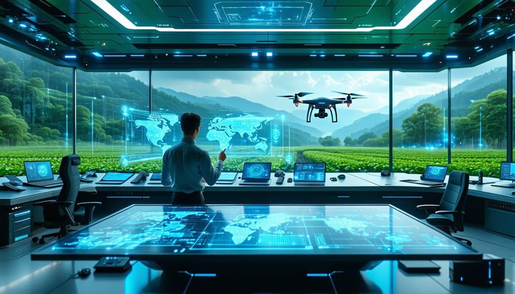 A person in a high-tech control room monitors a flying drone over green fields, with digital maps and data displayed on transparent screens and large windows showing a scenic landscape and mountains.