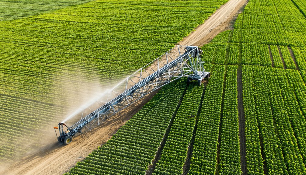 Aerial view of a large irrigation system spraying water over green crops in neat rows on a farm, with tracks left by the machine visible in the soil.
