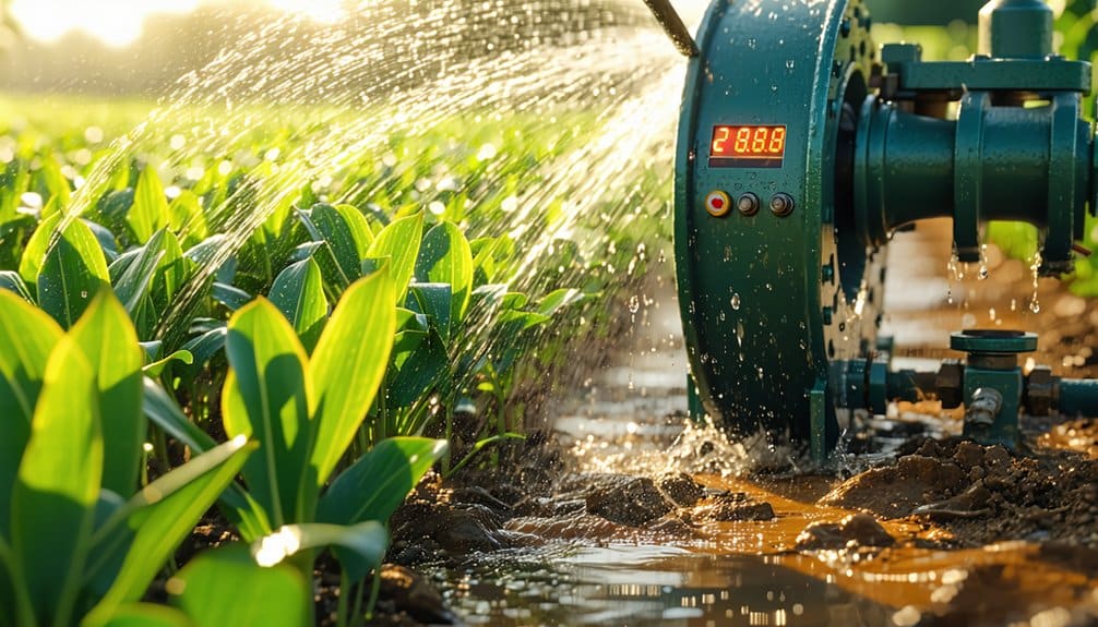 Close-up of a digital irrigation system spraying water onto green crops in a sunny field, with soil appearing wet and a digital display reading “28.8” on the machine.