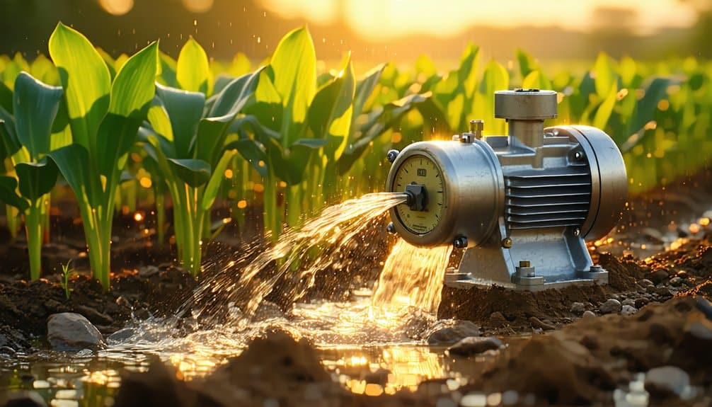 A water pump irrigates rows of young green corn plants in a field, with sunlight shining in the background.