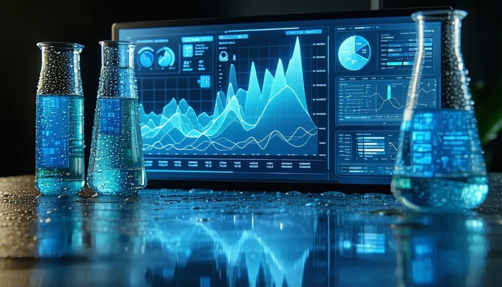 Three glass beakers filled with blue liquid sit on a wet surface in front of a computer monitor displaying colorful graphs, charts, and scientific data visualizations.