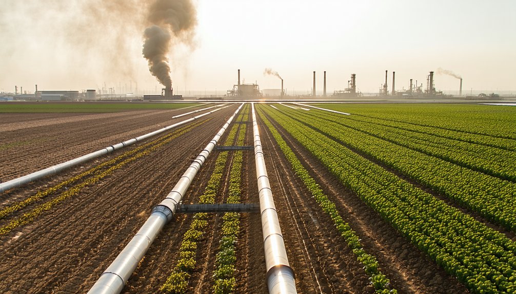 Wide agricultural fields with green crops are intersected by large metal pipelines. In the background, an industrial facility emits smoke into the sky, contrasting industry with farming.