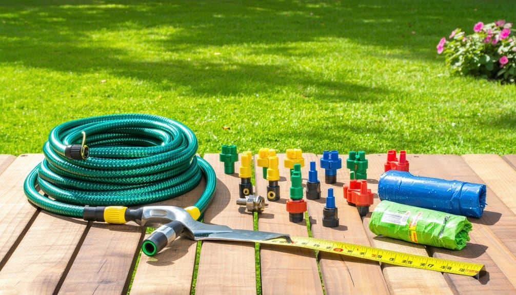 A coiled green garden hose with a spray nozzle, various colorful hose connectors, two packs of plastic bags, and a yellow measuring tape on a wooden table, with green grass and flowers in the background.