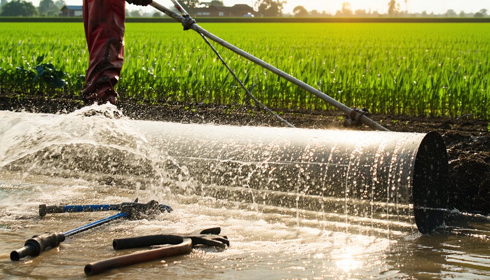 Water gushes from a large irrigation pipe onto a field of green crops, with tools like a wrench and pliers lying nearby and a farmer standing in the background at sunset.