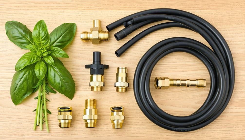 Black hoses, brass connectors, and pipe fittings are neatly arranged on a light wooden surface next to a fresh basil plant with green leaves.