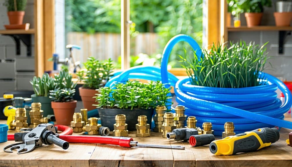 A variety of plumbing tools, brass fittings, blue hoses, and potted plants are arranged on a wooden workbench in a bright room with a window and garden view in the background.