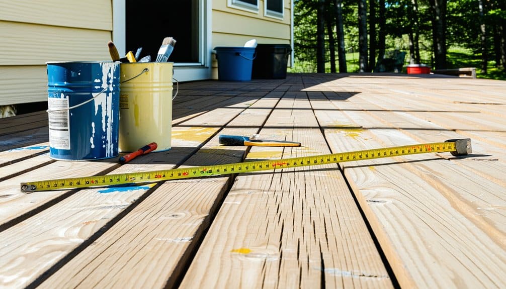 Paint cans, brushes, and a tape measure are on a wooden deck beside a house. The deck has paint splatters, and trees are visible in the background.