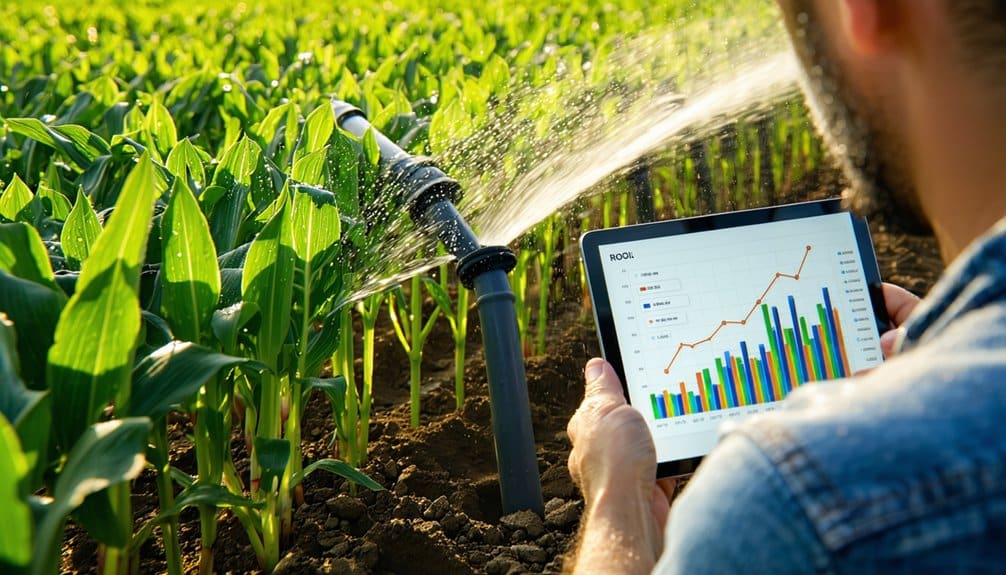 A person in a field uses a tablet showing charts and graphs, while an irrigation system waters rows of green crops.