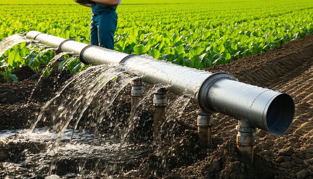 A metal irrigation pipe releases water onto rows of green crops in a field, with a person standing in the background amid the plants.