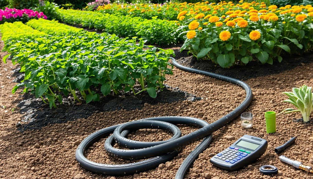 A vegetable and flower garden with a coiled irrigation hose, calculator, tape, and small tools on the soil, suggesting work on garden irrigation planning and installation. Rows of green plants and yellow flowers are visible.
