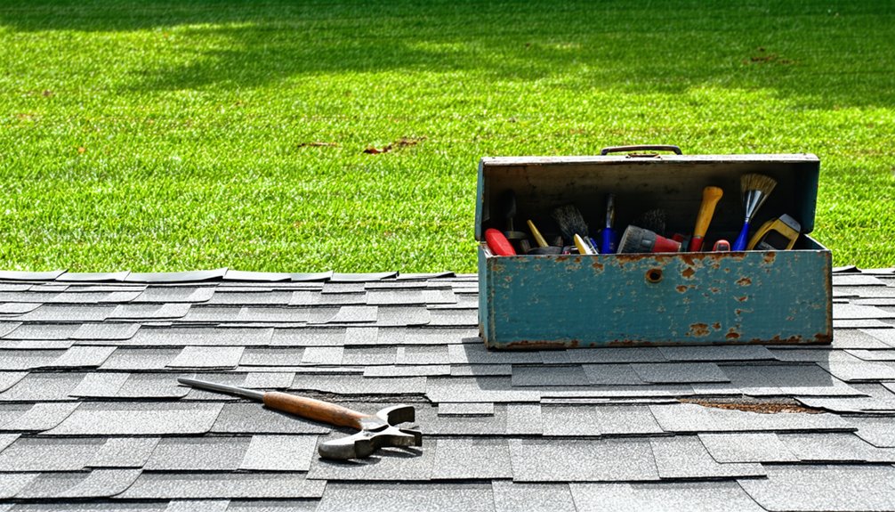 A hammer and an old blue toolbox filled with various tools sit on a shingled roof, with bright green grass visible in the background.