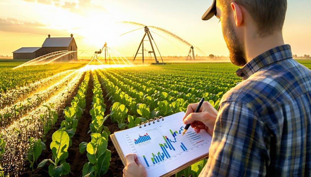 A person in a plaid shirt holds a clipboard with charts and graphs while observing a green crop field being irrigated by sprinklers at sunset, with a barn and irrigation equipment in the background.