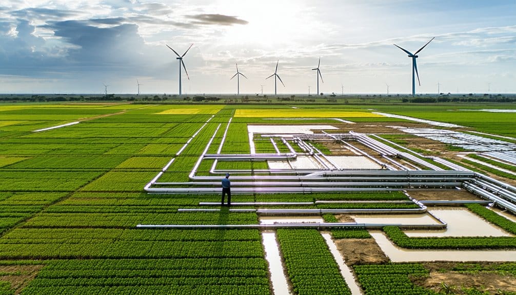 A person stands in a green agricultural field with irrigation pipes and small water channels; wind turbines are visible in the background under a partly cloudy sky.