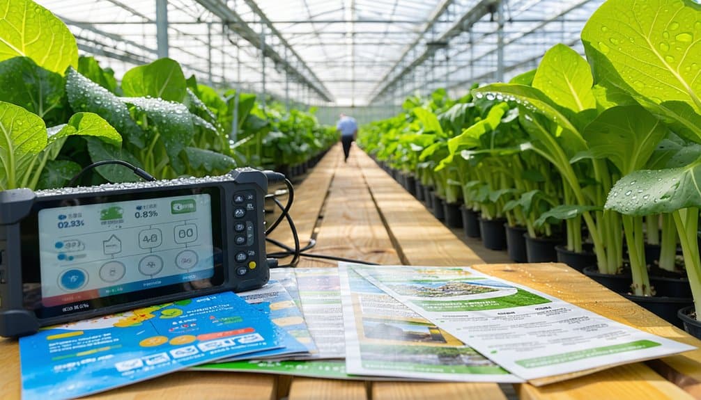 A digital monitoring device and pamphlets rest on a wooden table in a greenhouse, surrounded by rows of leafy green plants in pots. A person is visible in the background between the rows.