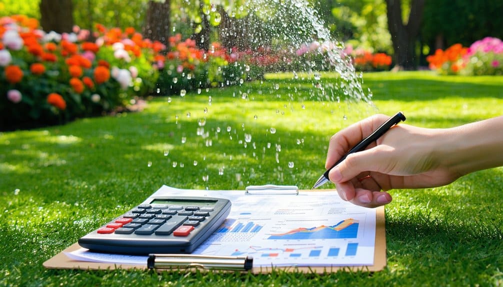 A hand writes on a clipboard with financial charts and graphs, placed on grass beside a calculator and pen. Water sprays in the background, with colorful flowers and green trees in a garden setting.
