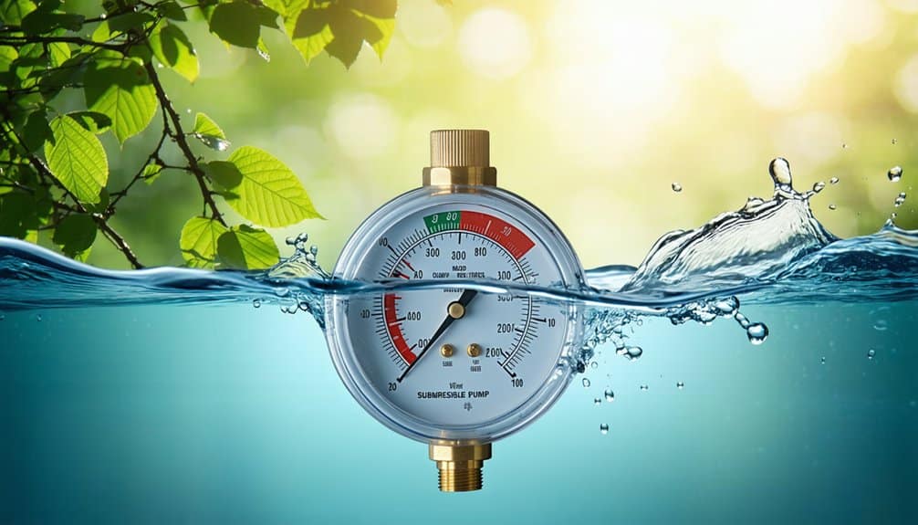 A pressure gauge partially submerged in clear water, with green leaves in the background and sunlight streaming through, symbolizing environmental monitoring or water quality measurement.