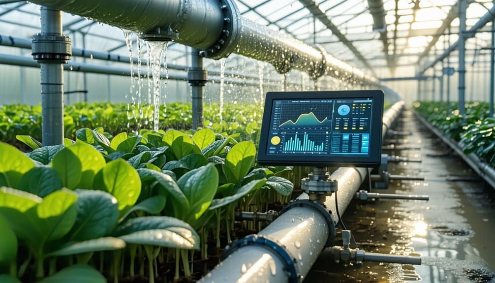 A greenhouse with rows of leafy green plants, automated irrigation pipes watering them, and a digital touchscreen showing graphs and data for monitoring plant growth and environmental conditions.