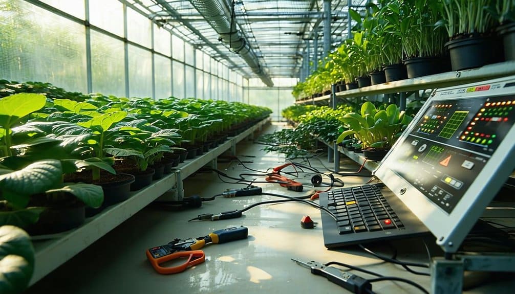 A modern greenhouse with rows of healthy green plants, electronic monitoring equipment, a computer screen displaying data, and various gardening tools on a bench in bright daylight.