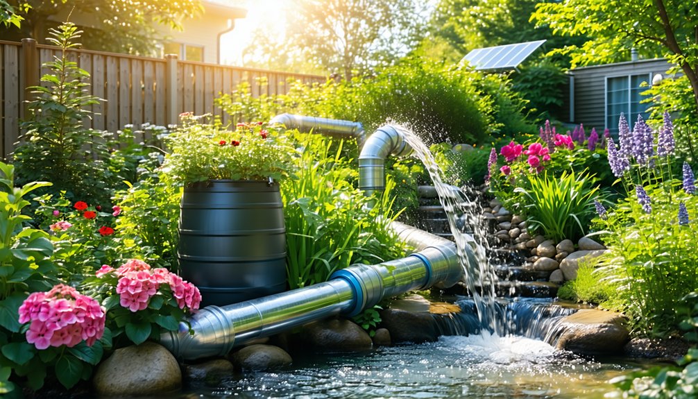 A lush garden with colorful flowers and green plants features large metal pipes transporting water into a pond. Sunlight filters through trees, and a rain barrel and solar panel are visible in the background.