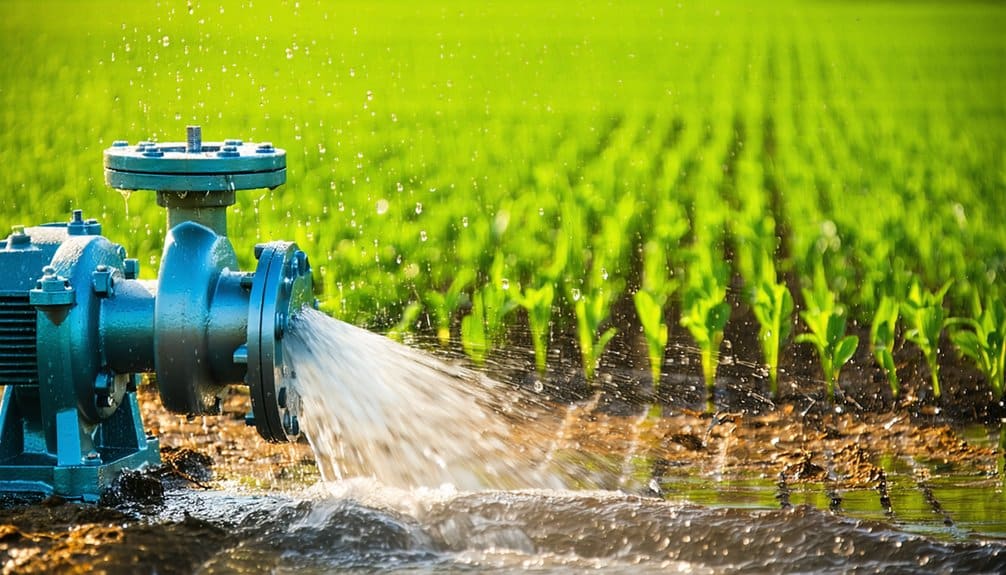 A blue irrigation pump releases water onto a field of young green crops, with rows of plants stretching into the blurred background under bright sunlight.