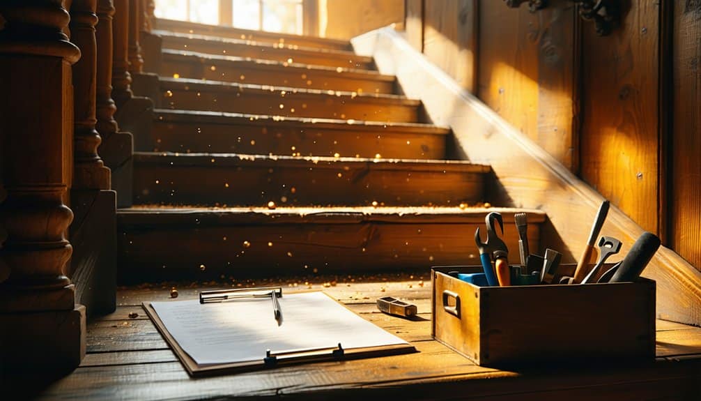 A clipboard with papers and a wooden toolbox filled with tools sit on the floor beside a sunlit, wooden staircase, with dust motes floating in the warm light.
