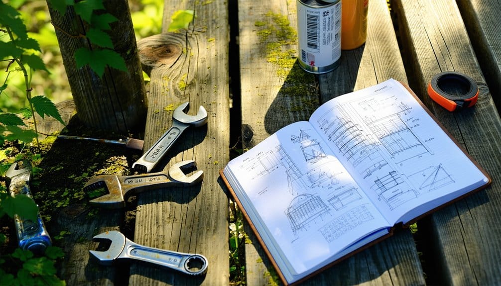 An open notebook with architectural sketches sits on a wooden table outdoors, surrounded by wrenches, a can, tape measure, and sunlight filtering through green leaves.