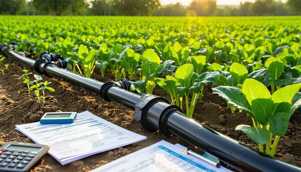 A close-up of a vegetable field with a black irrigation pipe running through green crops. Papers and calculators lie on the soil, suggesting farm management or irrigation planning. Sunlight shines over rows of thriving plants.