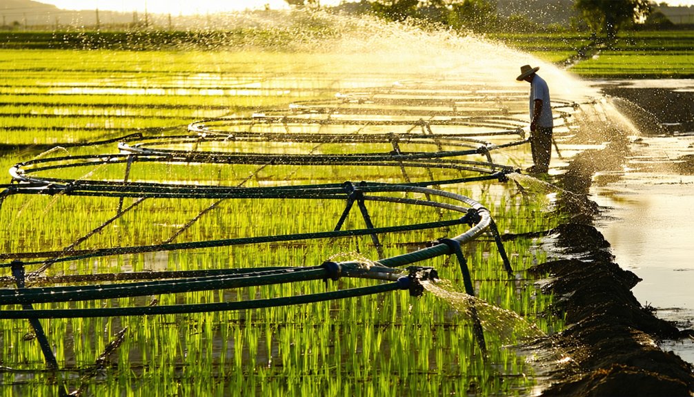 A farmer wearing a hat stands near irrigation pipes watering rows of green rice plants in a sunlit field. Water sprays create a misty effect in the golden light of early morning or late afternoon.