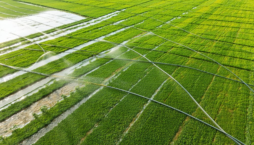Aerial view of green agricultural fields being irrigated by water sprinklers, with long pipes or hoses laid across the crops in parallel lines.